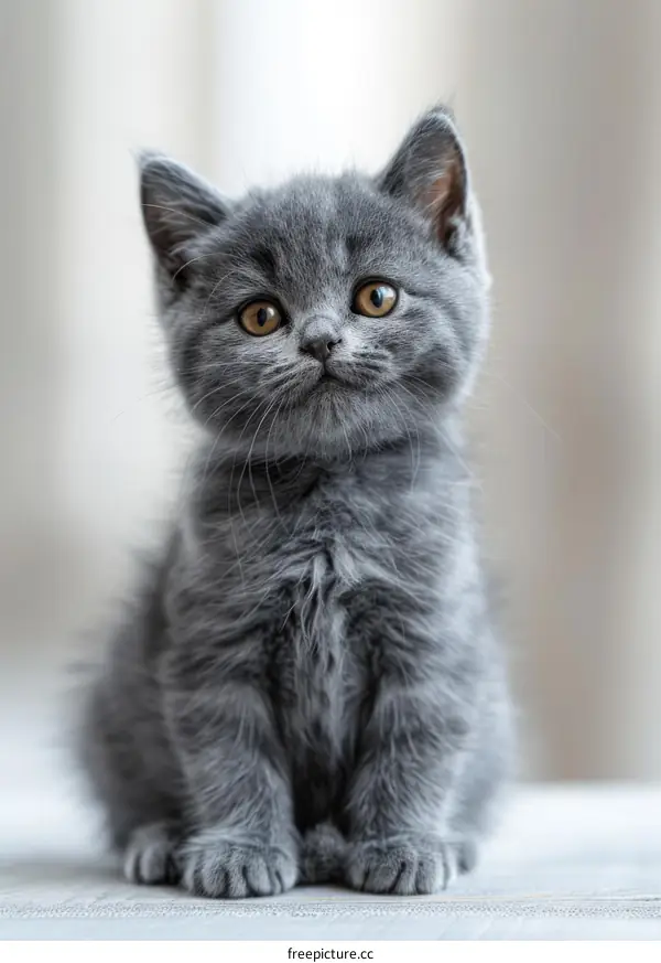 A cute gray kitten is sitting on the table and looking at the camera