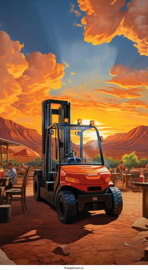Forklift parked in a parking lot at sunset
