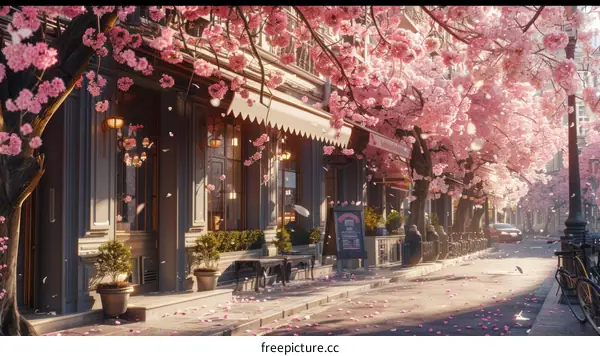 A beautiful street with cherry blossoms in full bloom