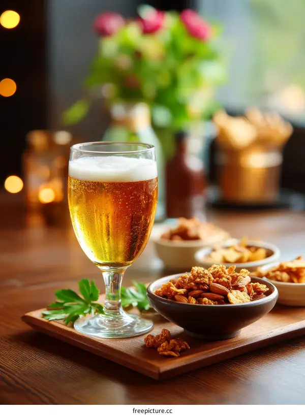 Beer and Snacks on a Wooden Tray