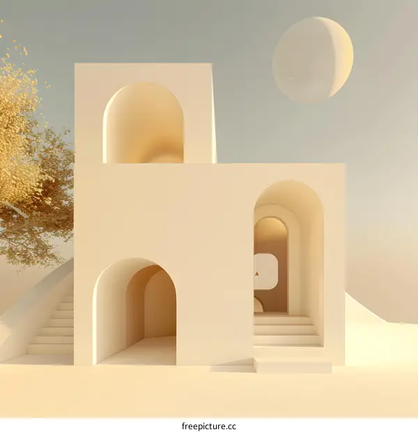 Minimalist 3D Render of a White Building with Arched Doors and a Moon in the Background