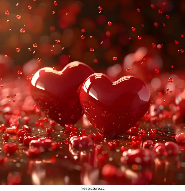 Two red hearts with red glitter background