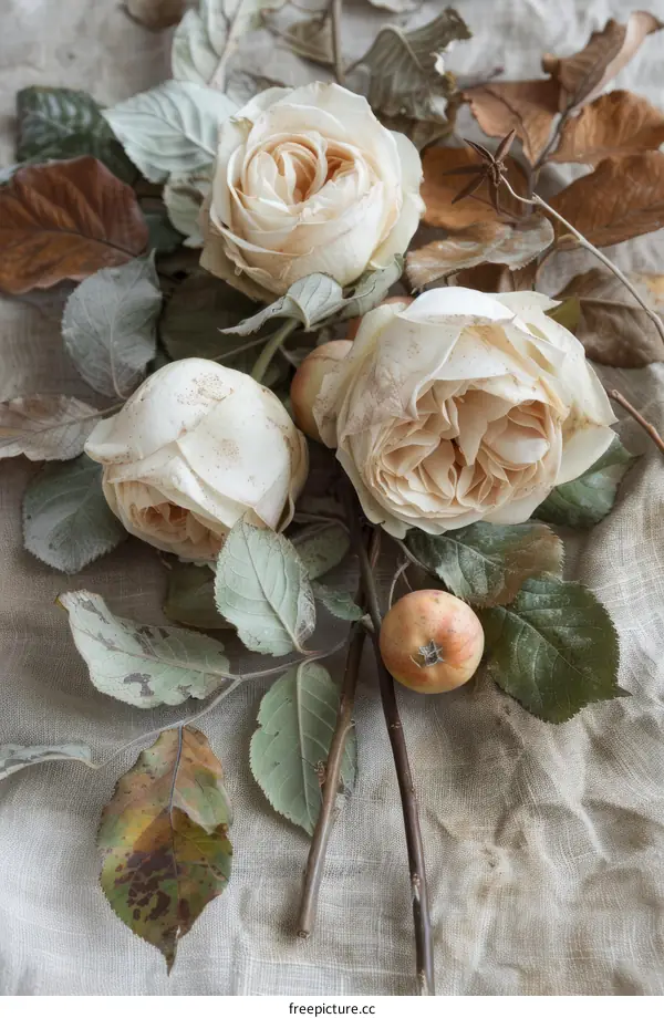 Still life with roses, crabapples and autumn leaves