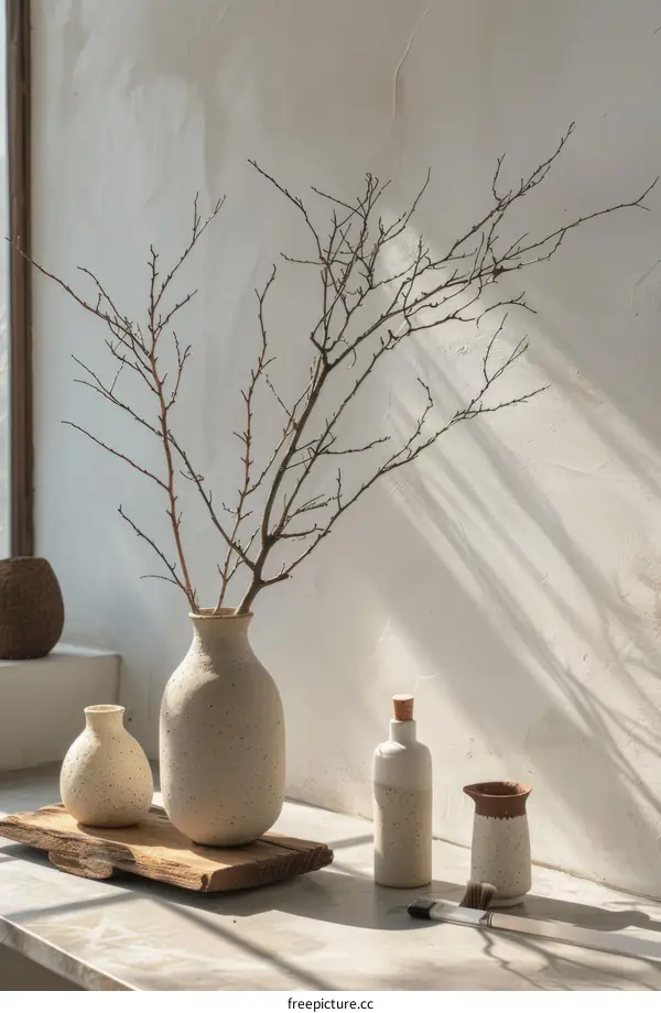 Still Life: Vase and Elements on a Wooden Shelf