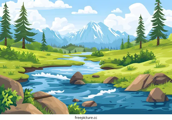 Mountain River Landscape Illustration