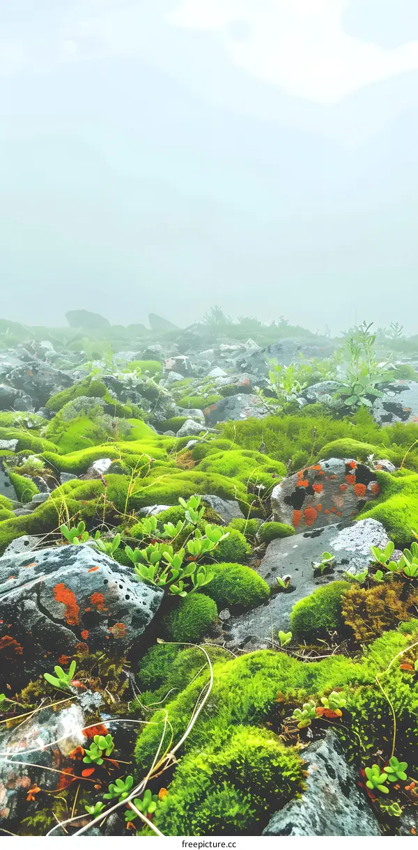 Green Moss Covered Rocks and Foggy Landscape