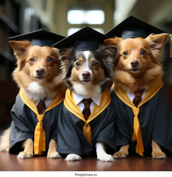 Three dogs wearing graduation caps and gowns