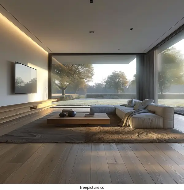 Modern living room interior design with large windows and minimalist furniture