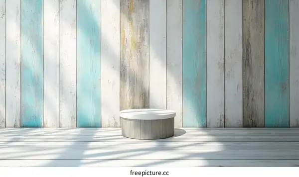 Empty Wooden Display Podium Against Painted Wooden Wall