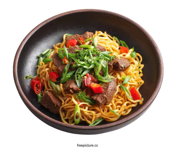 [Transparent Background PNG]Beef and Vegetable Stir-fried Noodles in a Bowl