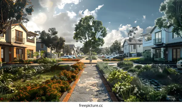 Beautiful Street with Houses and Trees