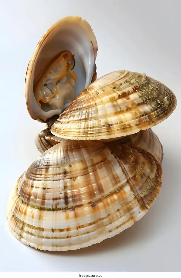 Three clam shells stacked on top of each other