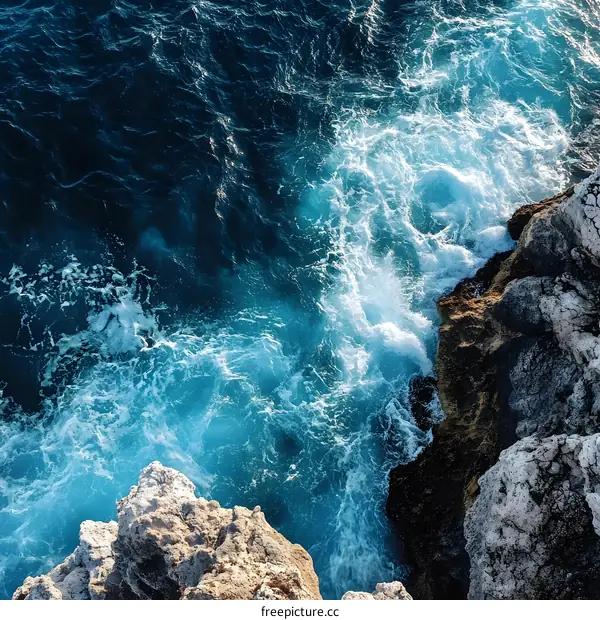 Aerial View of Ocean Waves Crashing on Rocky Coast