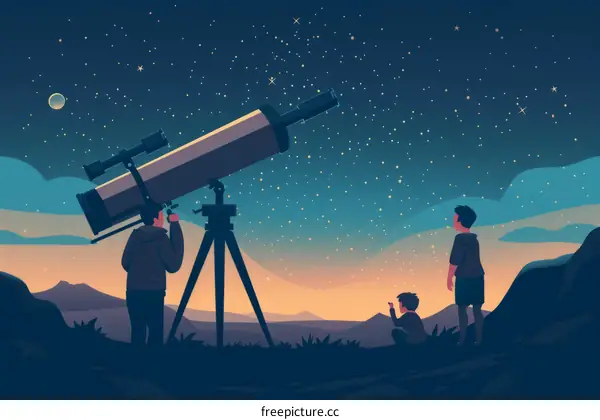 A father and his two sons are stargazing with a telescope.