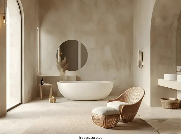 Minimalist Bathroom Interior Design With Wicker Chair and Tub