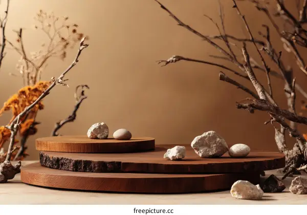 Natural Wooden Display Stand with Stones and Branches