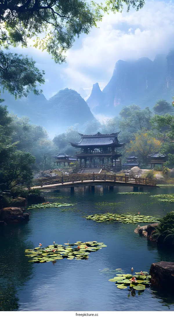 Chinese Garden Landscape With Water Lily Pond And Pavilion
