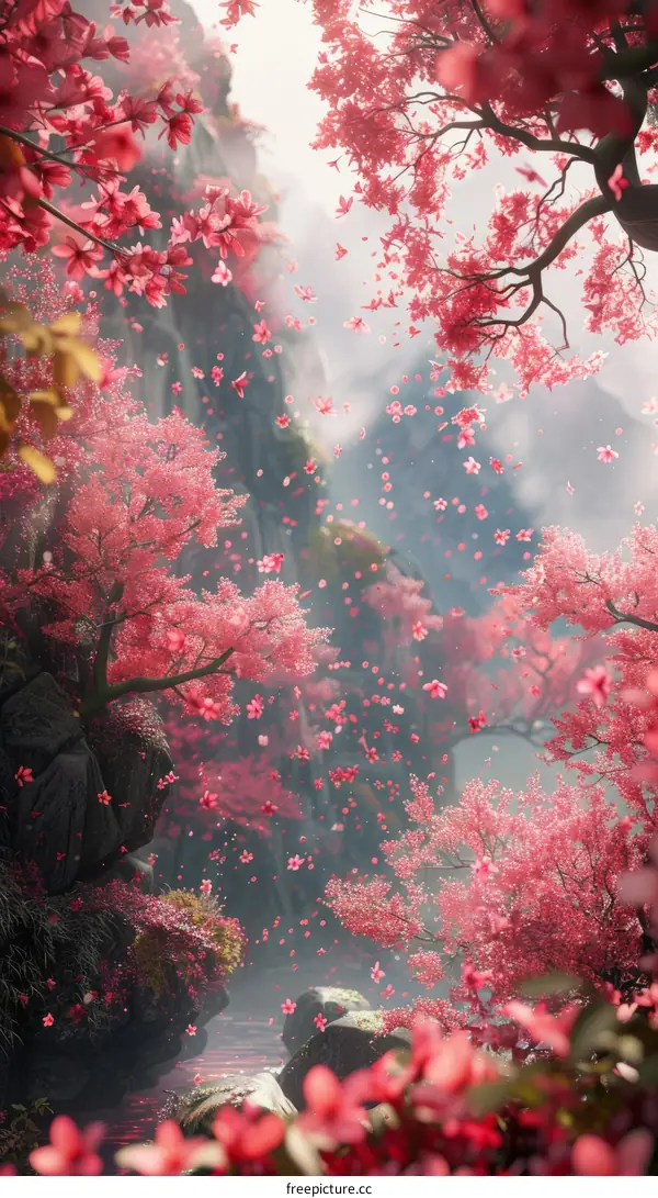 Dreamy Sakura Landscape with River and Waterfall