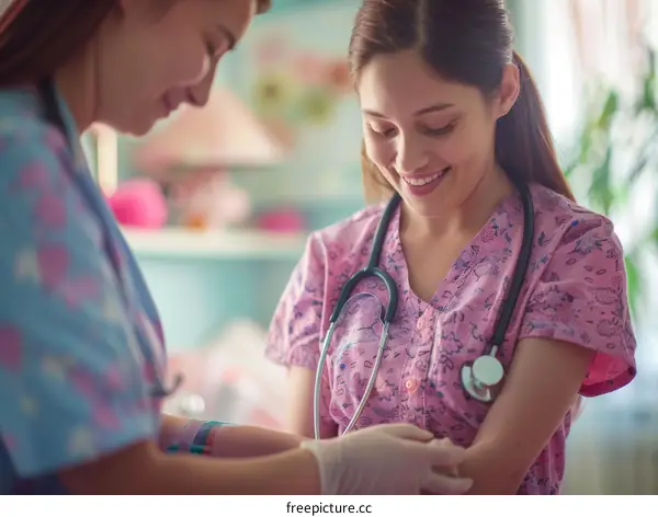 Two nurses in pink uniforms are preparing to give a patient an injection