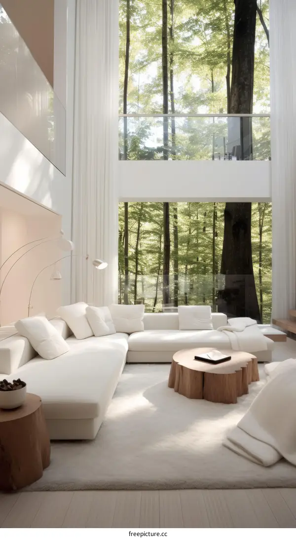Modern living room interior with large windows and white walls