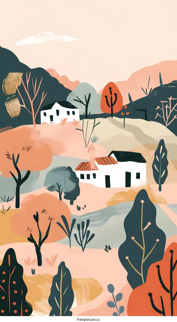 Abstract Illustration of Houses in a Landscape