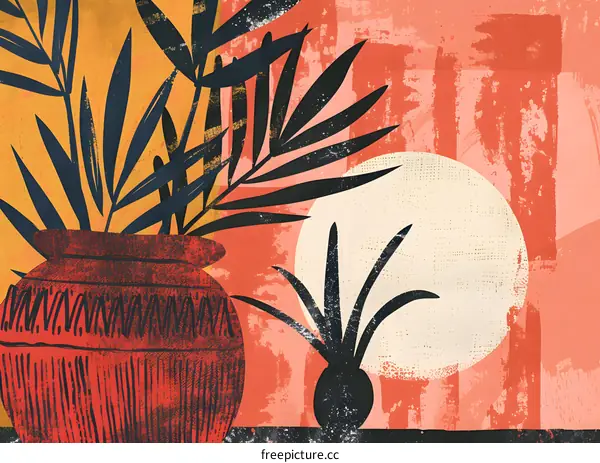 Modern Minimalist Art Print With Red Pot And Plants