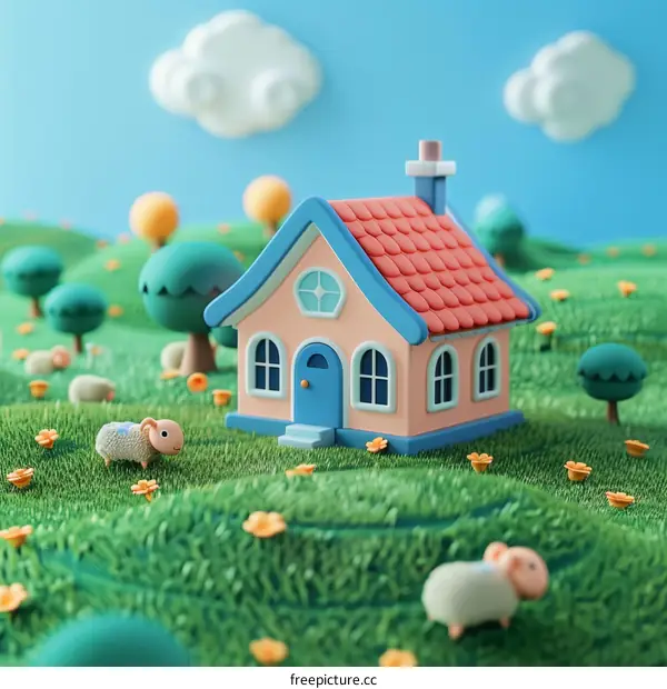 Cute Cartoon House with Sheep in Green Meadow