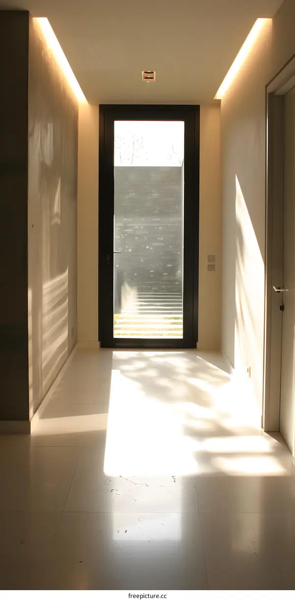 Modern Minimalist Home Interior Design with Recessed Lighting and Glass Door