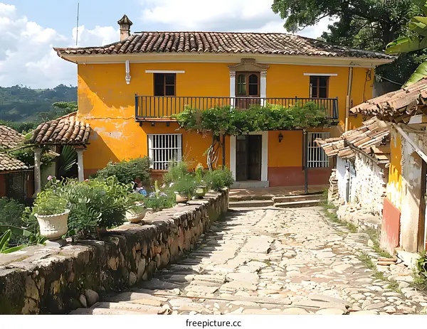 Yellow House with Cobblestone Path in the Countryside