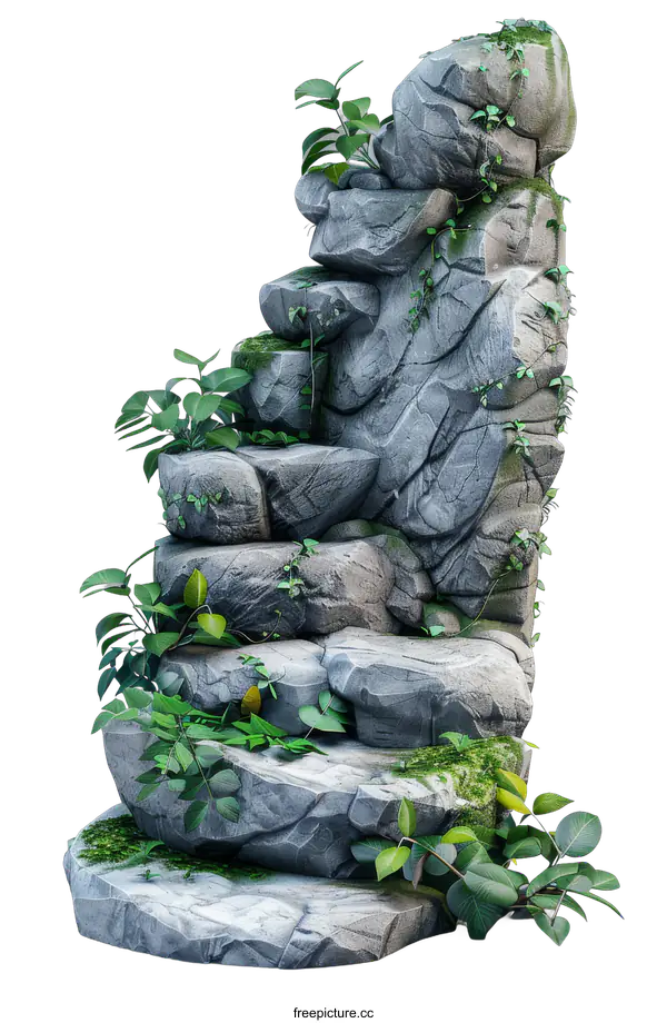 [Transparent Background PNG]A gray rock overgrown with green moss and vines