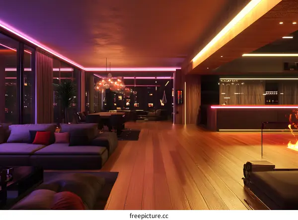 Modern Living Room with Pink Lighting and Wood Floor