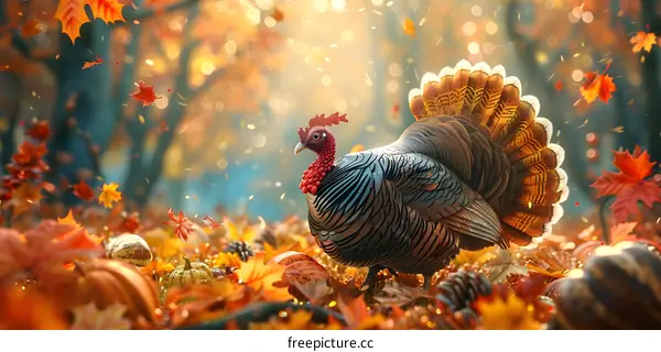 A majestic turkey stands in a field of fallen leaves.