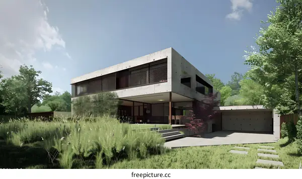 Modern House with Concrete Exterior and Lush Green Landscaping