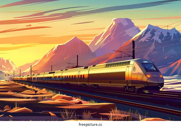 Train traveling through mountains at sunset