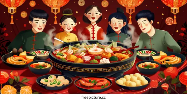 A family gathering around a hot pot, enjoying a meal together