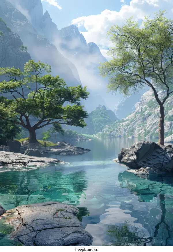 Serene Mountain Lake with Two Trees