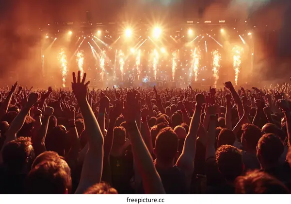 Crowd of People at a Concert with Raised Hands and Bright Stage Lights