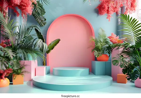 Pink and Blue Geometric Shapes Surrounded by Tropical Plants and Flowers