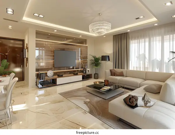 Bright interior of a living room with marble floor, big sofa and TV