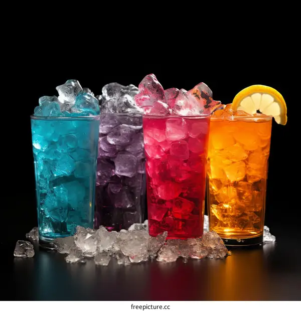 Four glasses of colorful cocktails with ice cubes on a black background