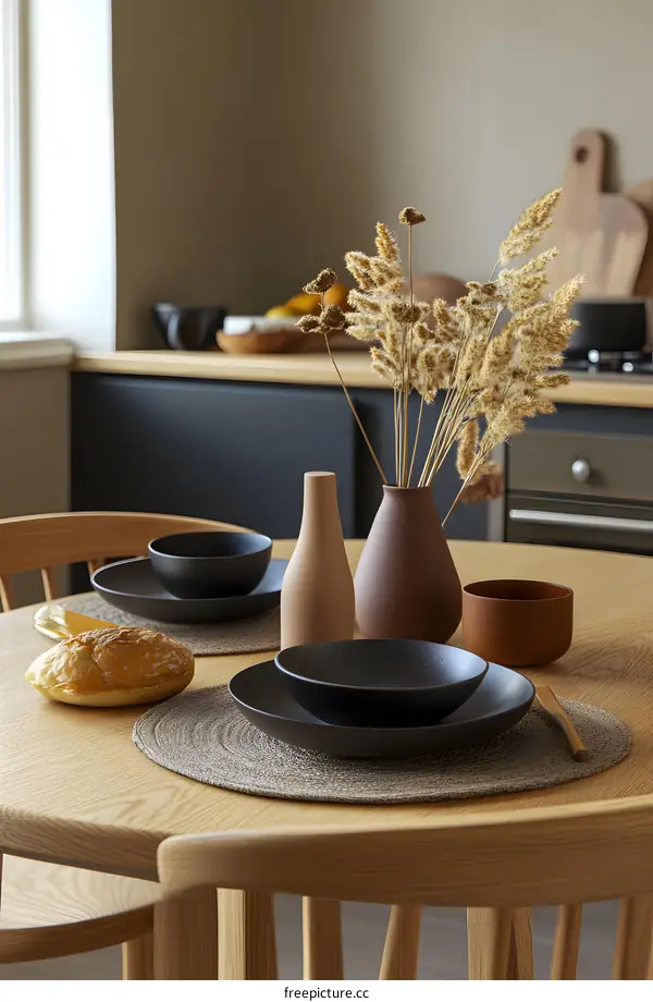Minimalist Kitchen Table Setting with Dried Flowers and Wooden Chairs