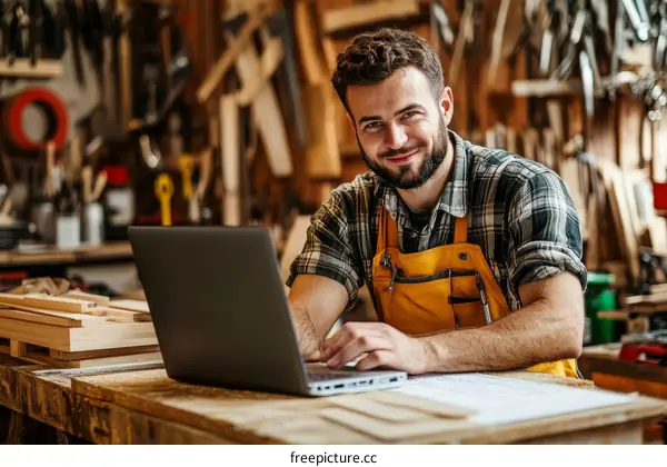Woodworker Using Laptop in Workshop