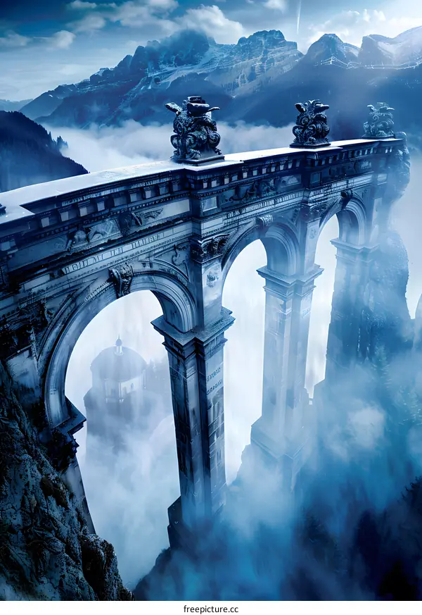 Stone Arch Bridge Over Foggy Mountain Valley