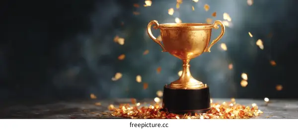 Golden Trophy Celebrating Victory amidst Confetti