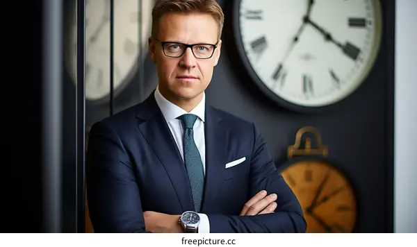 Portrait of a successful businessman standing in front of a wall of clocks