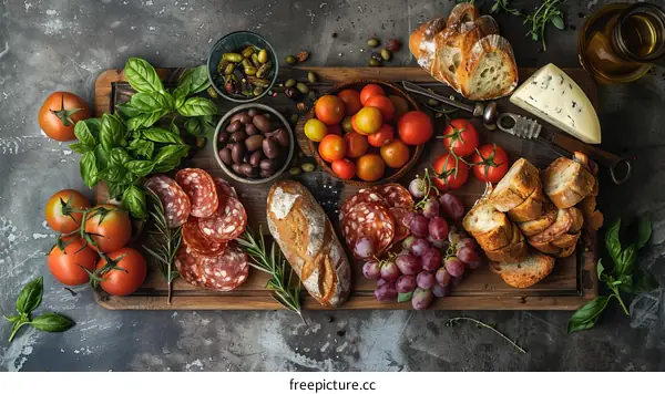 Top view of wooden table full of delicious Italian antipasti snacks and appetizers