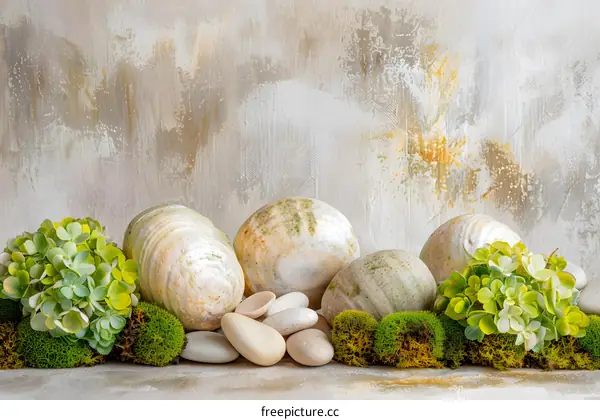 Decorative Stone and Moss Arrangement with Green Flowers