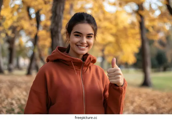 Smiling Woman in Brown Hoodie Giving Thumbs Up in Autumn Park