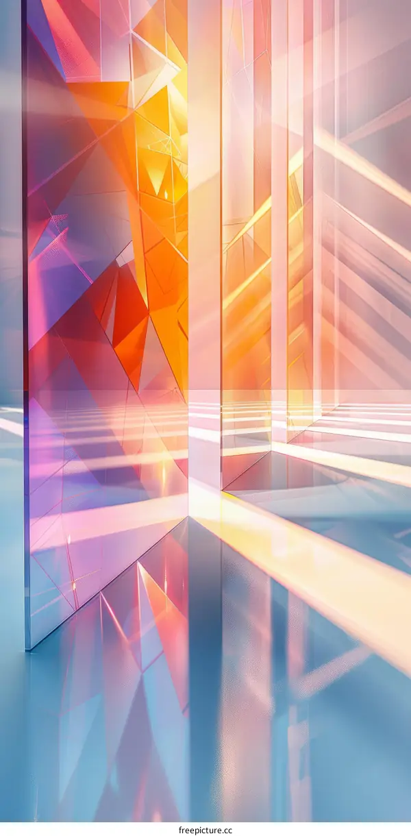 3D rendering of an abstract geometric structure with colorful lighting effects