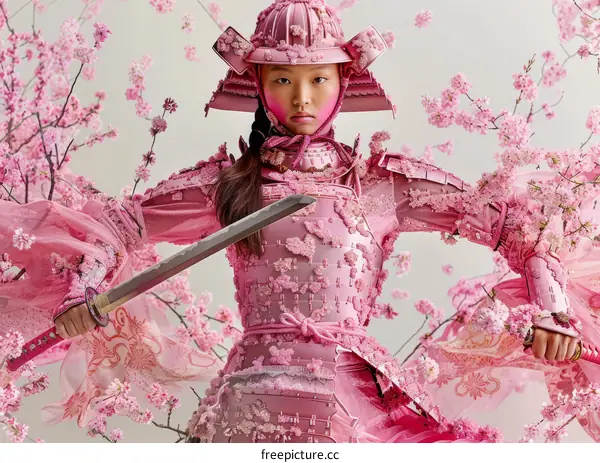 A young woman wearing a pink samurai armor and a helmet made of cherry blossoms